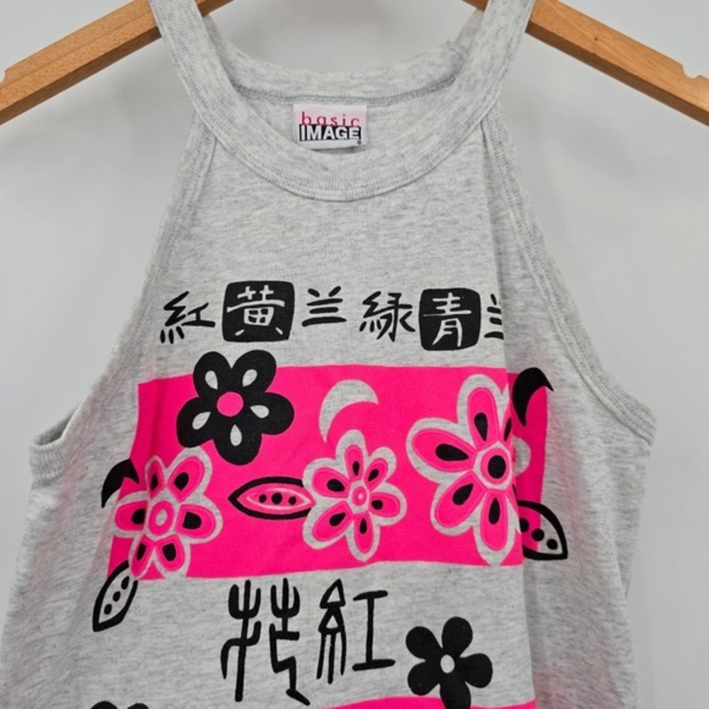Basic Image‎ Gray Tank Top Flowers Graphics Asian Inspired Sleeveless Y2k - Picture 3 of 8